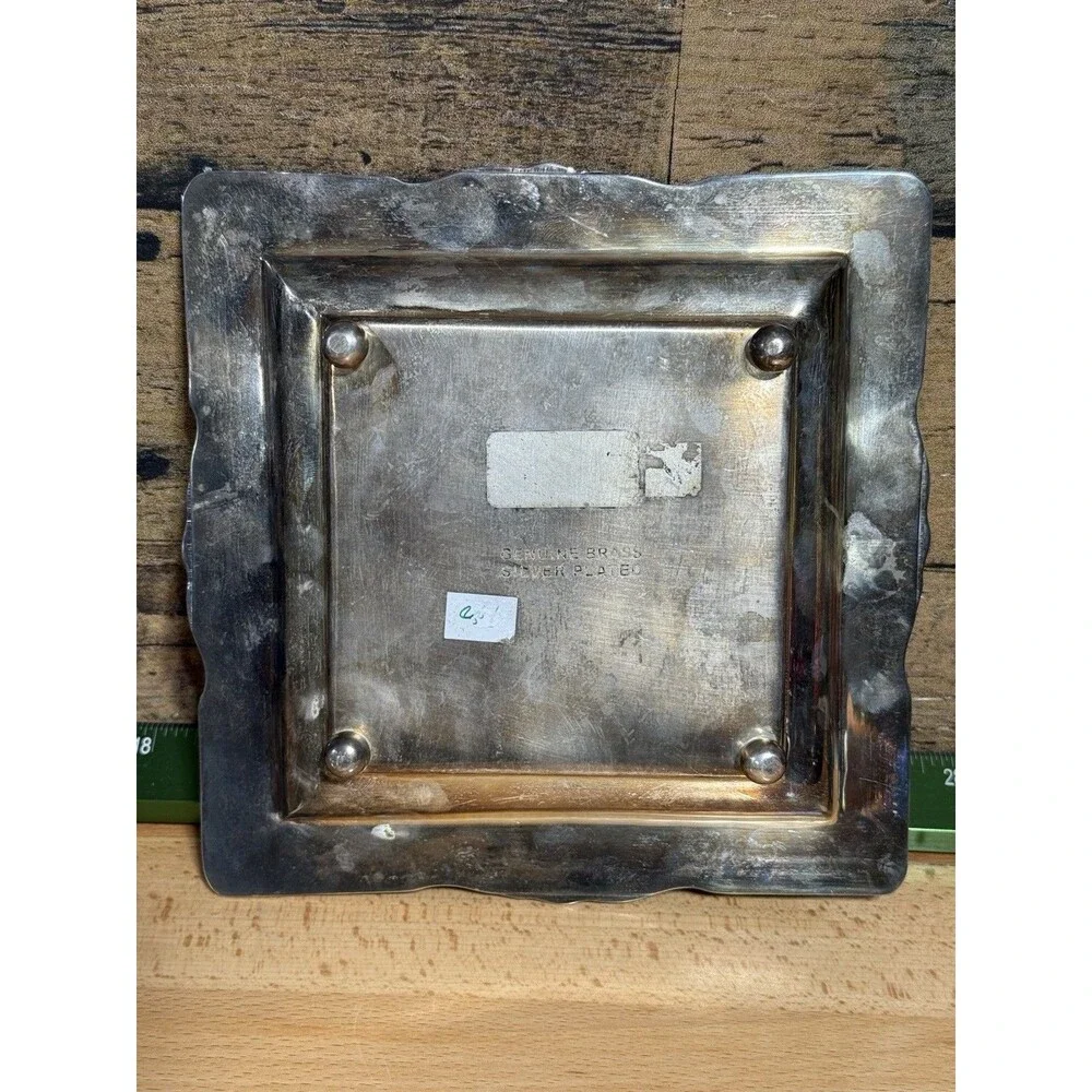 🔥ANTIQUE SILVER PLATED EMBOSSED CARD TRAY Monogram Square Footed 8” Patina